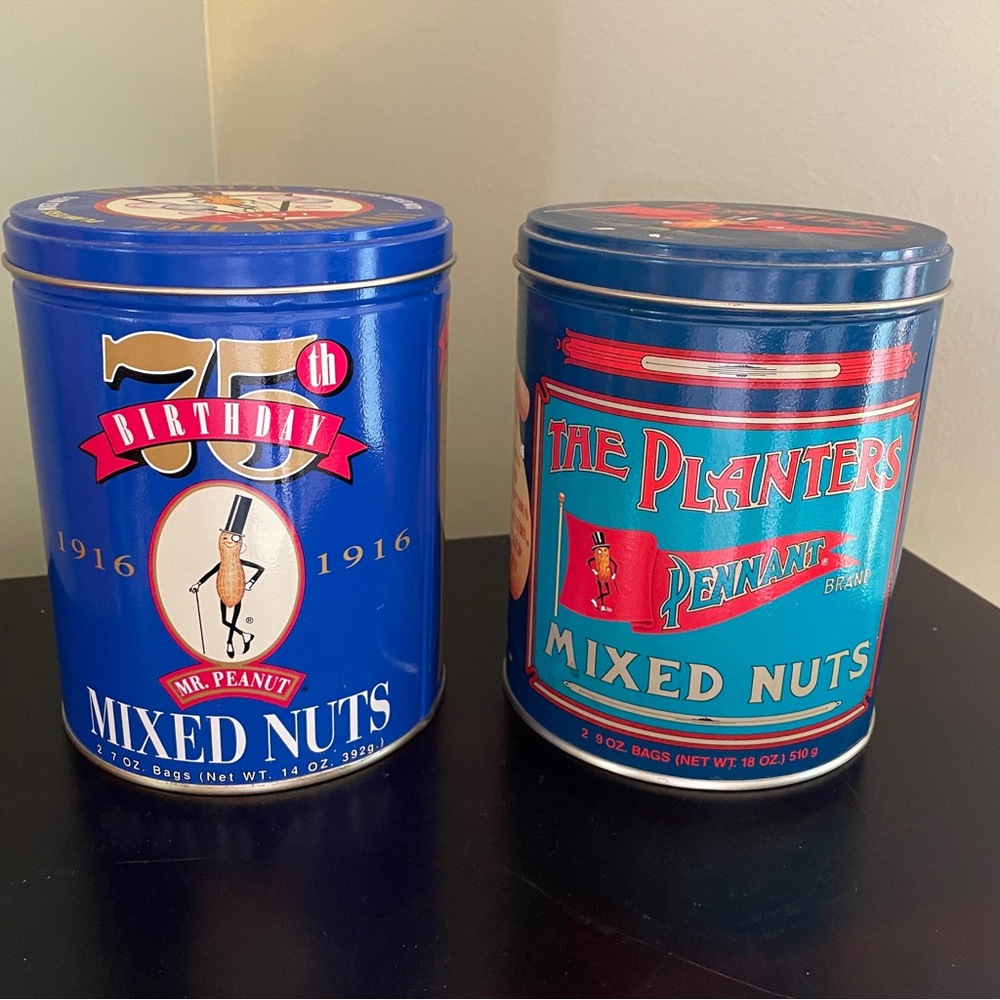 Vtg Lot of 2 The Planters Mixed Nuts Collectible Tins 75th Birthday 1991 & 1989